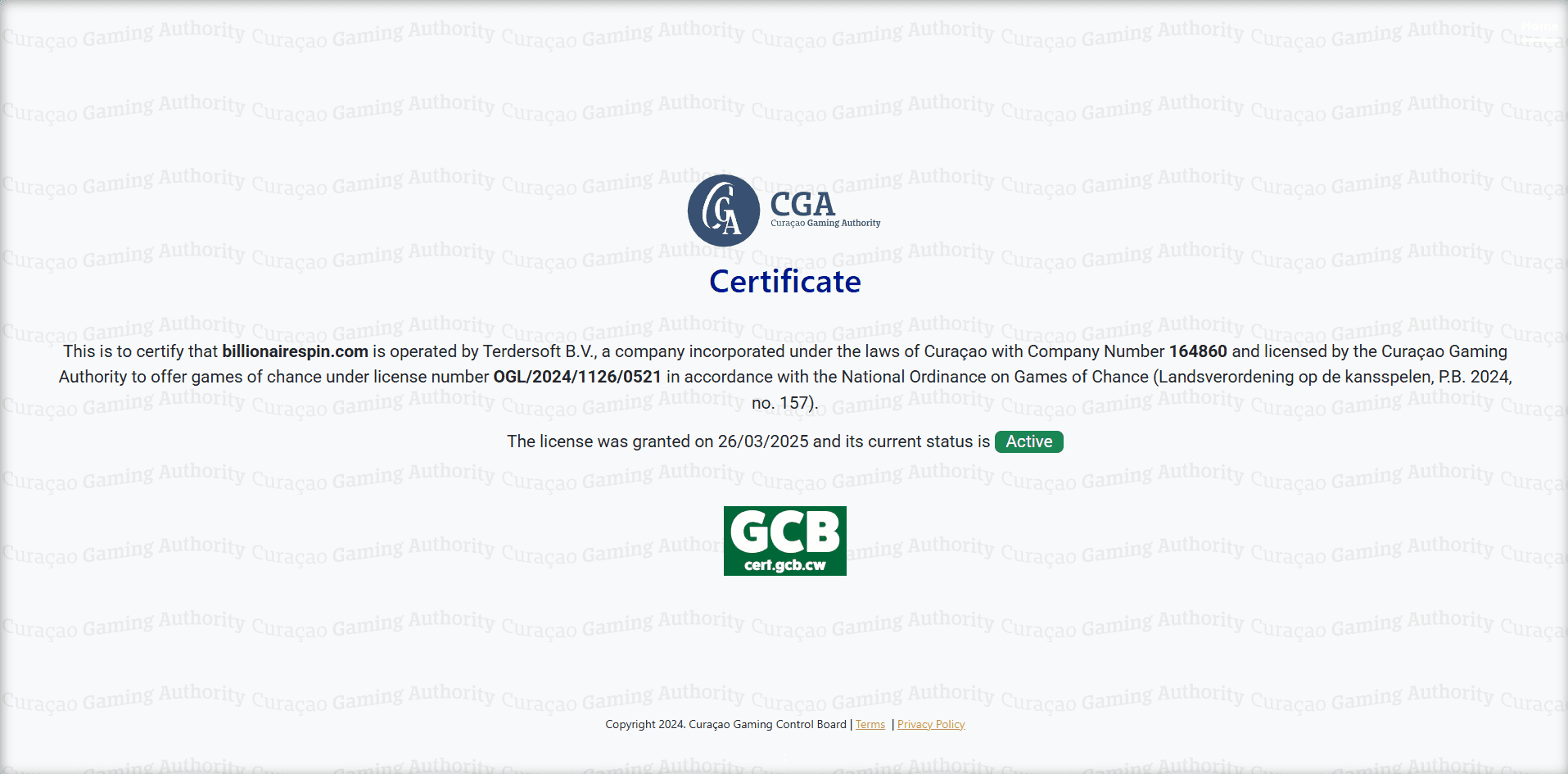 Licence Curaçao BillionaireSpin