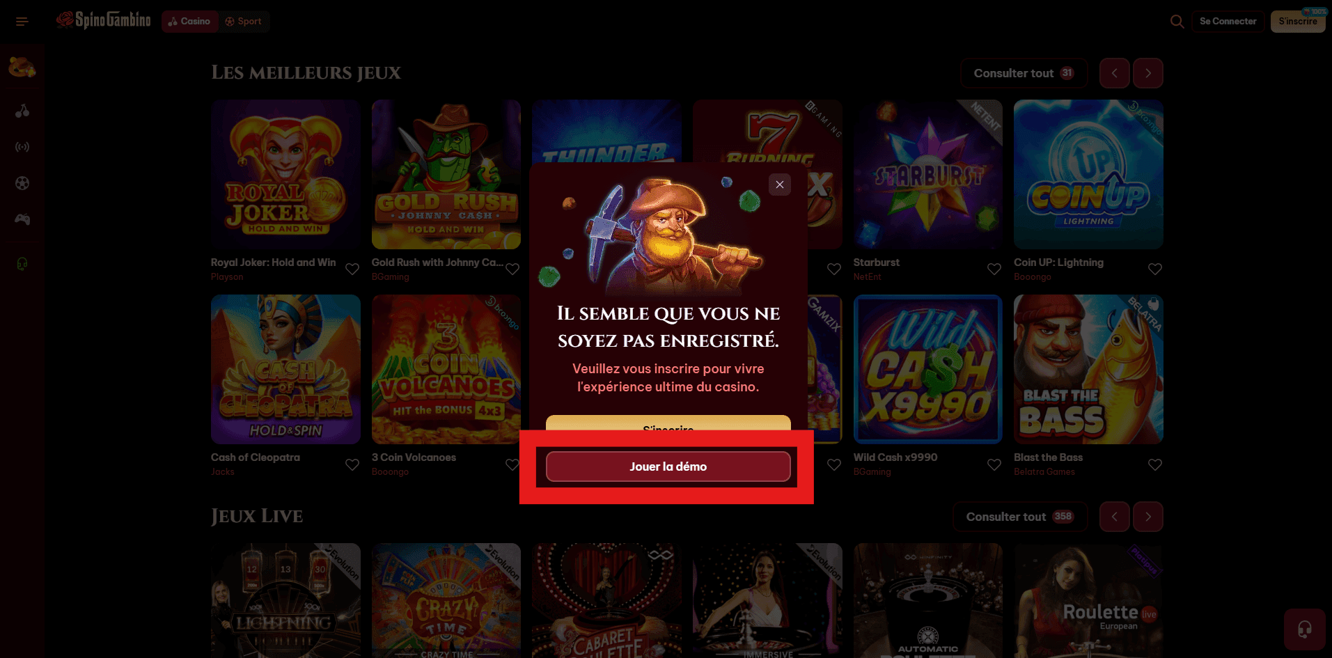 Mode démo de jeu sur SpinoGambino