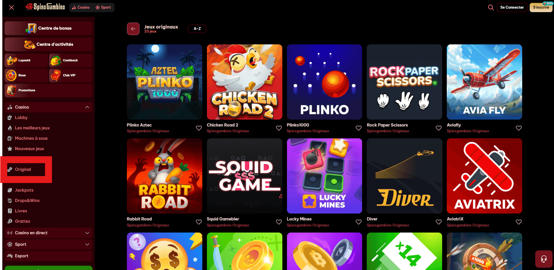 Mini jeux et crash games SpinoGambino