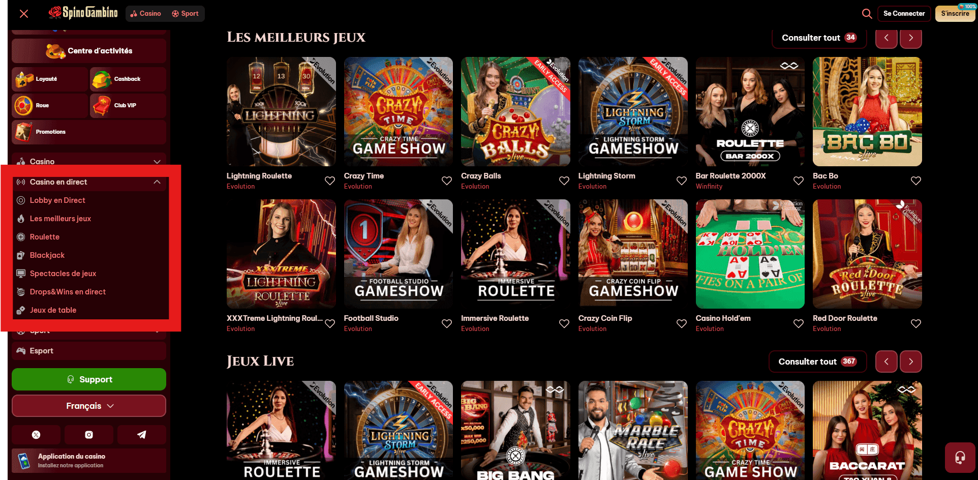 Casino en direct SpinoGambino