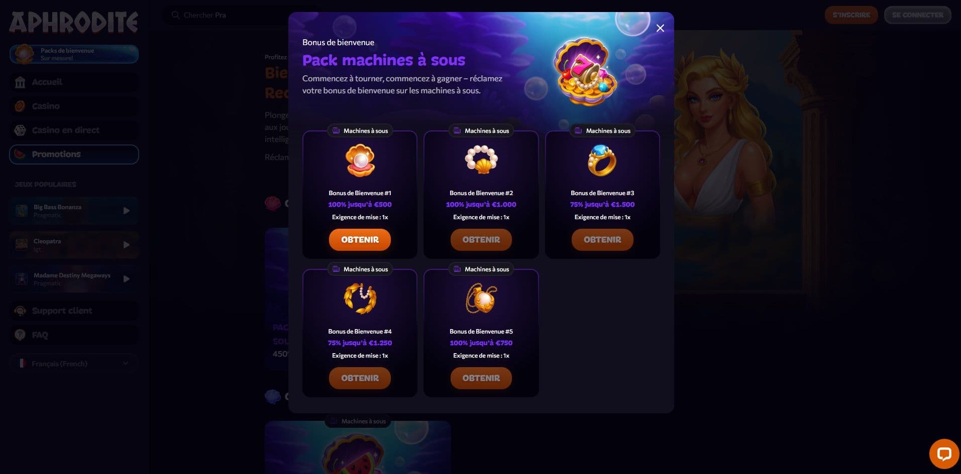 Les 5 bonus de bienvenue aphrodite casino
