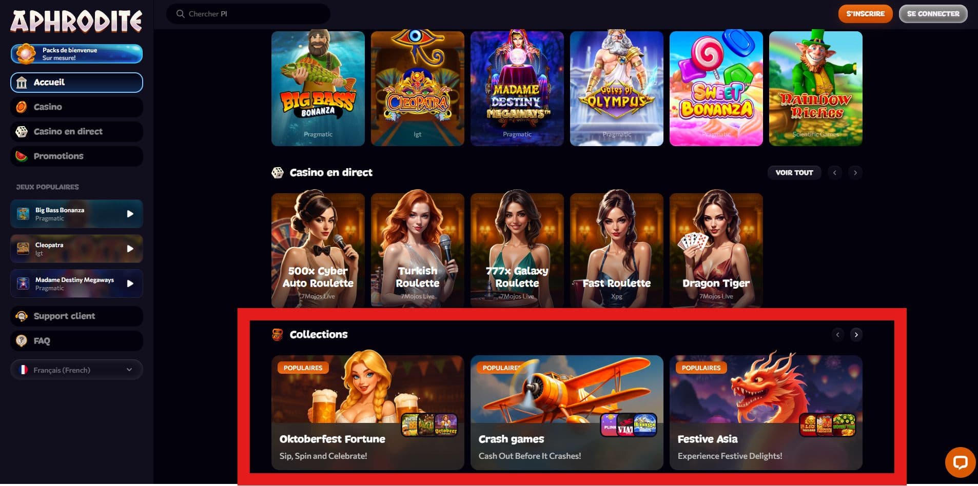 Filtre de jeux sur la page accueil Aphrodite