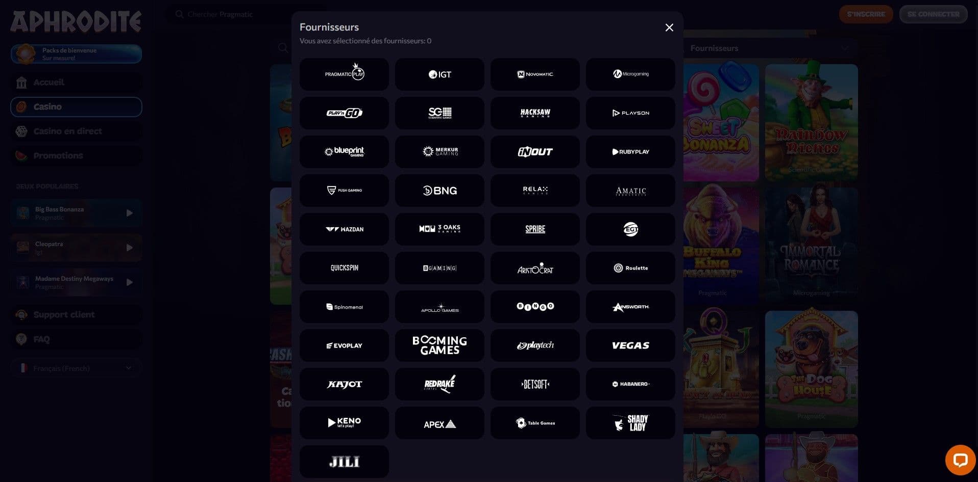 Liste des fournisseurs disponibles