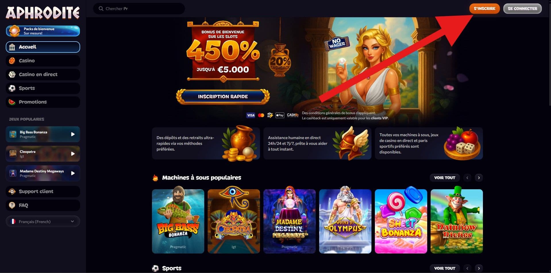 Etape 1 pour s'inscrire sur aphrodite casino