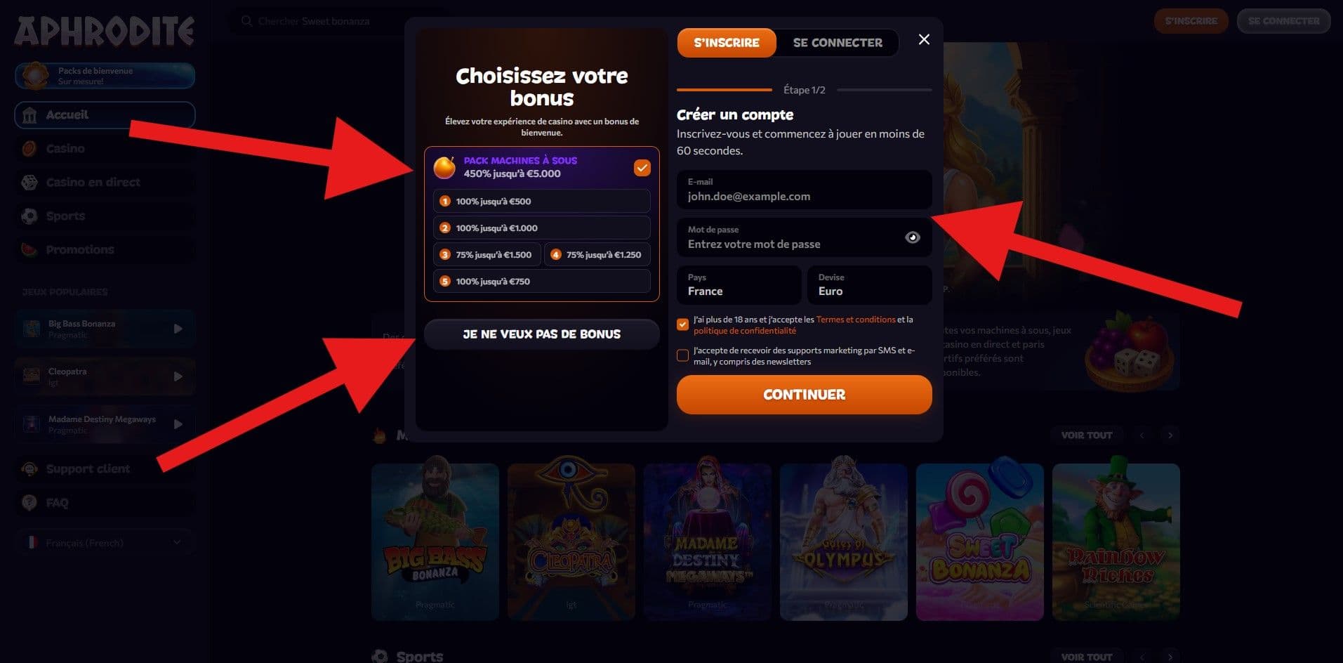 Etape 2 pour s'inscrire sur aphrodite casino