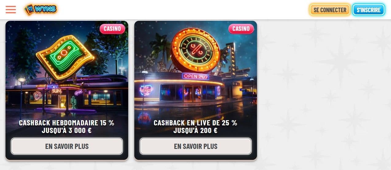 Les cashbacks sur Wyns Casino
