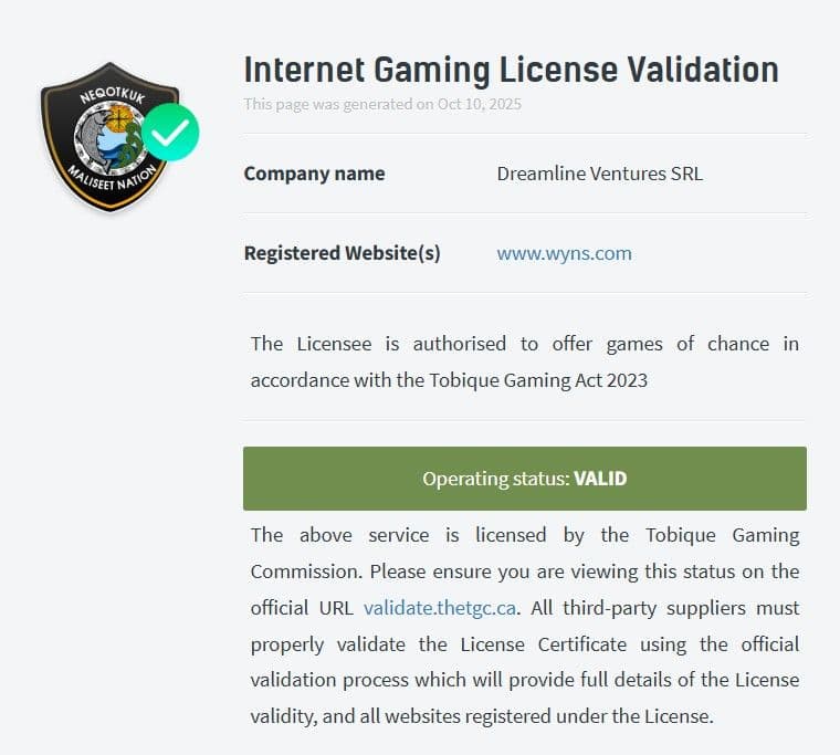 Licence officielle de Wyns