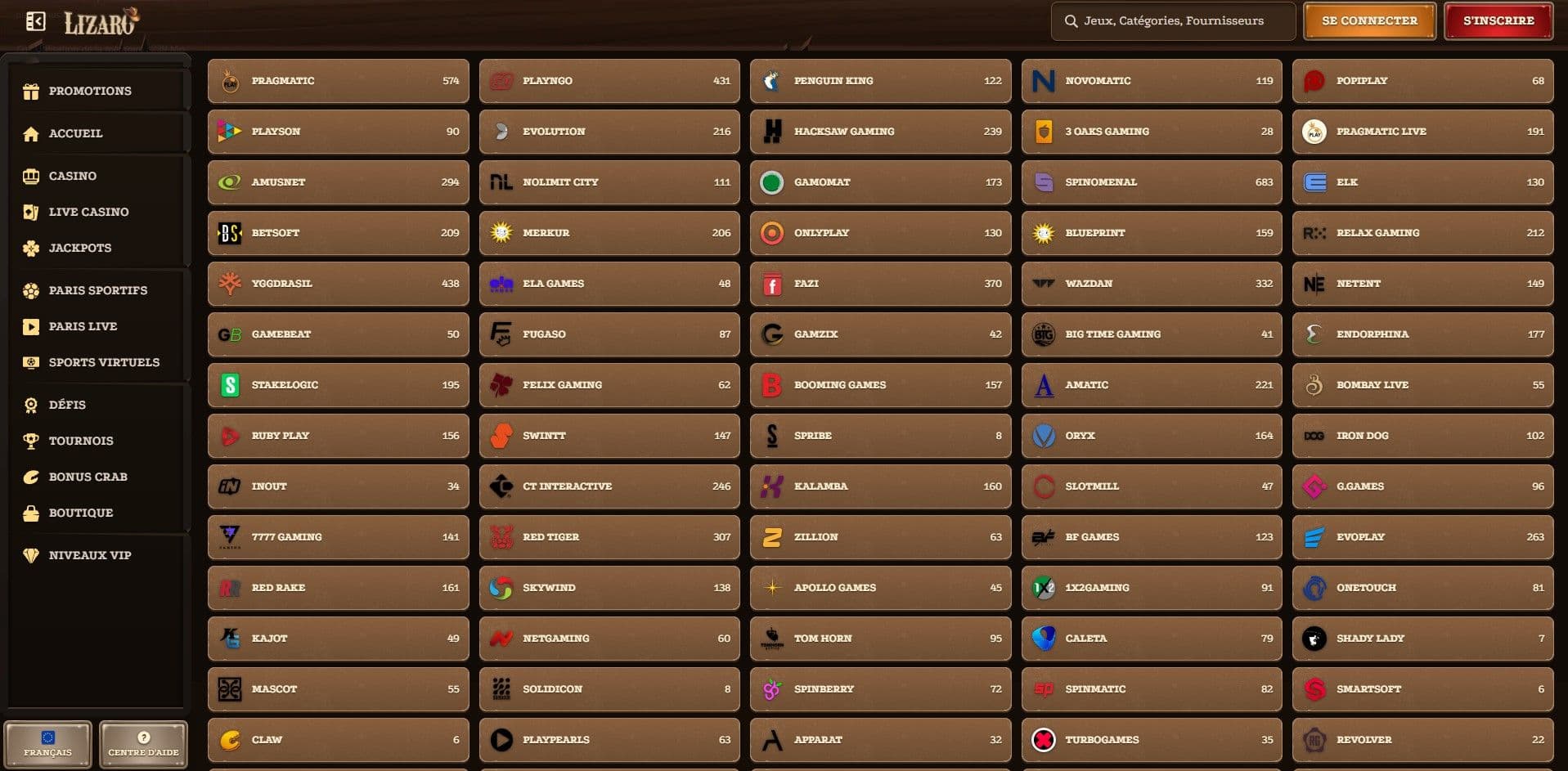 Liste des fournisseurs de jeux lizaro casino