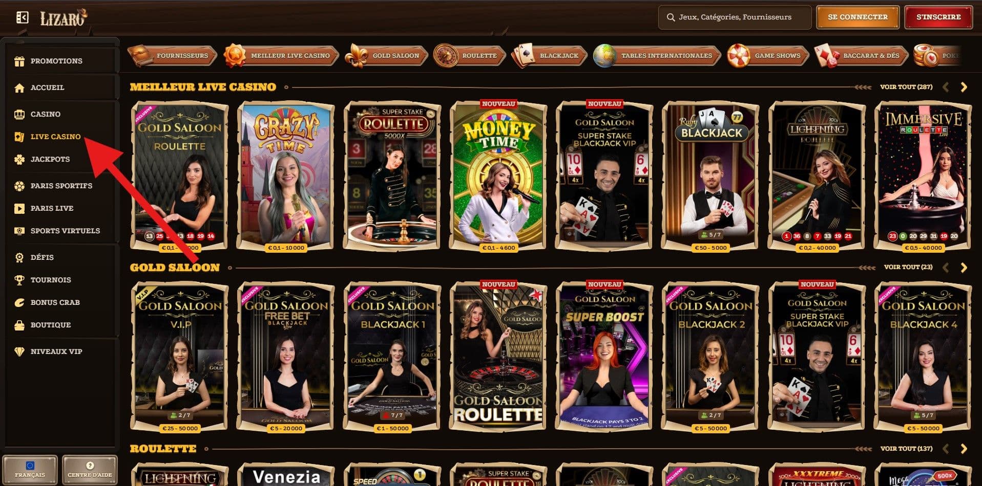 La sélection de jeux en direct Lizaro casino